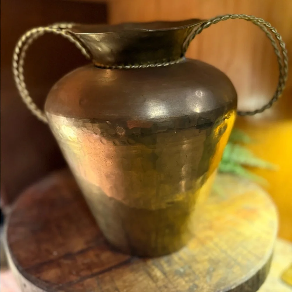 Vintage Brass Vase Featuring A Scalloped Rim And Twisted Rope-Style Handles.